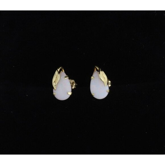 14k Yellow Gold Natural Opal Leaf Design Earrings Stud Post 3/8" x 1/4" - Picture 1 of 10